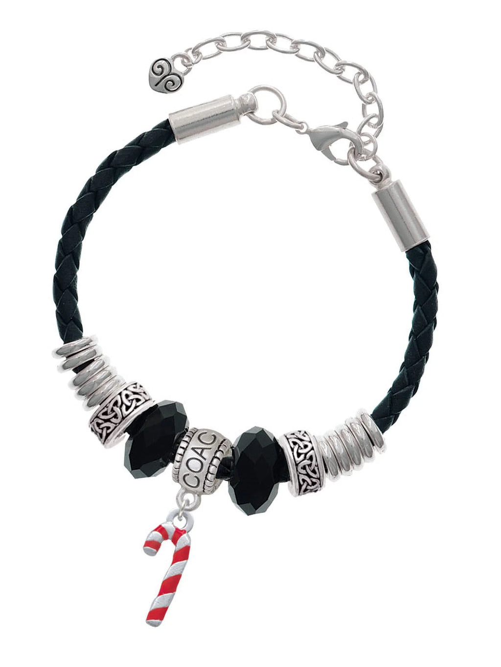 Delight Jewelry Silvertone 3-D Red Enamel Candy Cane Coach Celtic Knot Leather Bead Bracelet, 7"+2" Extender