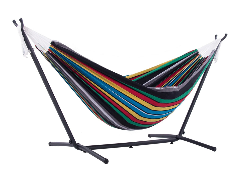 The Hamptons Collection 110” Black and Blue Striped Brazilian Style Hammock with a Metal Hammock