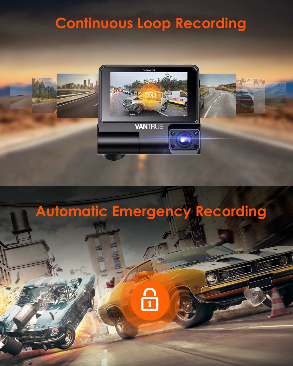 Vantrue S2 3 Channel 2K Front+1080P Interior +1080P Rear  30FPS WiFi Dash Cam, 3 inch Touchable IPS Screen Car Camera with Nearly 360° Wide Angle, GPS built in, 24h Parking Monitor, Supercapacitor