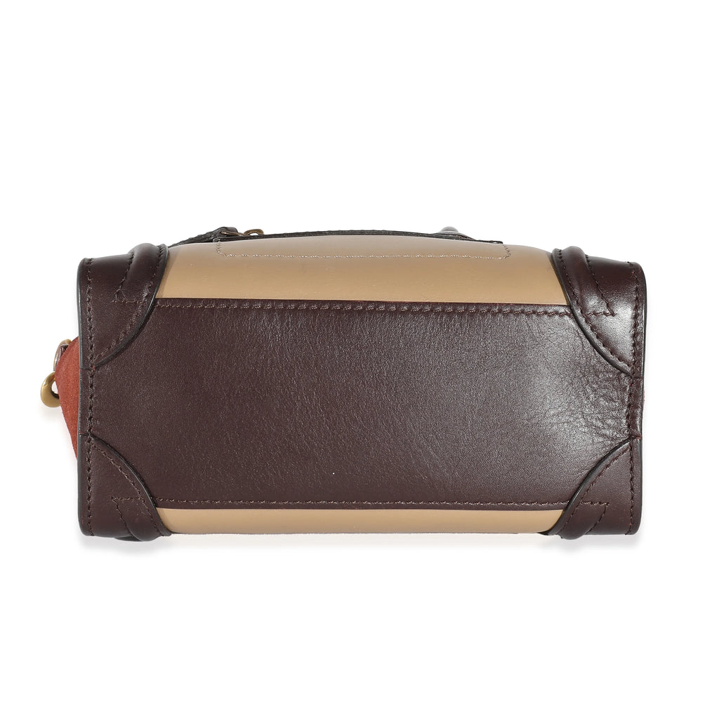 Celine Burgundy Beige Brown Tri-Colour Suede Leather Nano Luggage Secondhand
