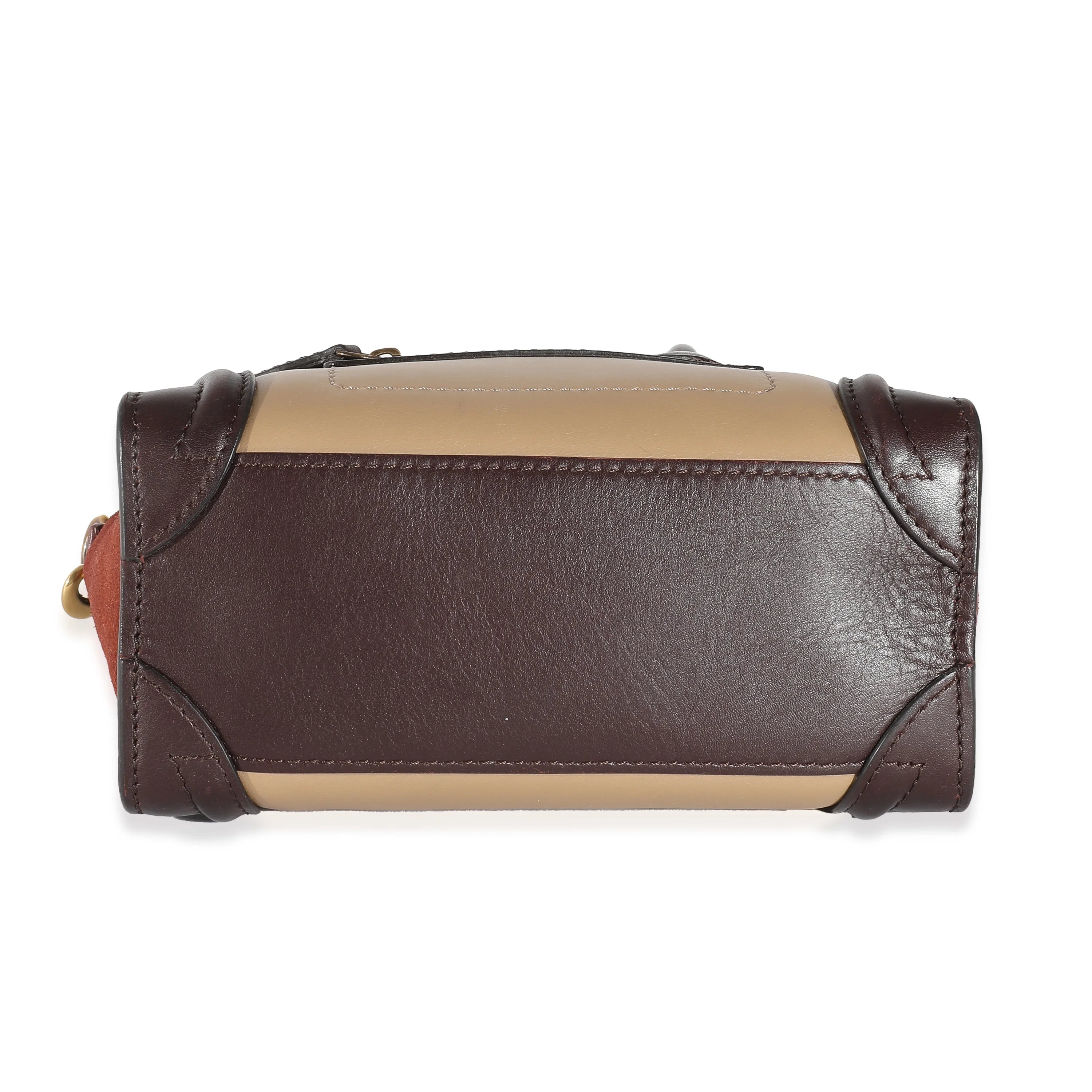 Celine Burgundy Beige Brown Tri-Colour Suede Leather Nano Luggage Secondhand