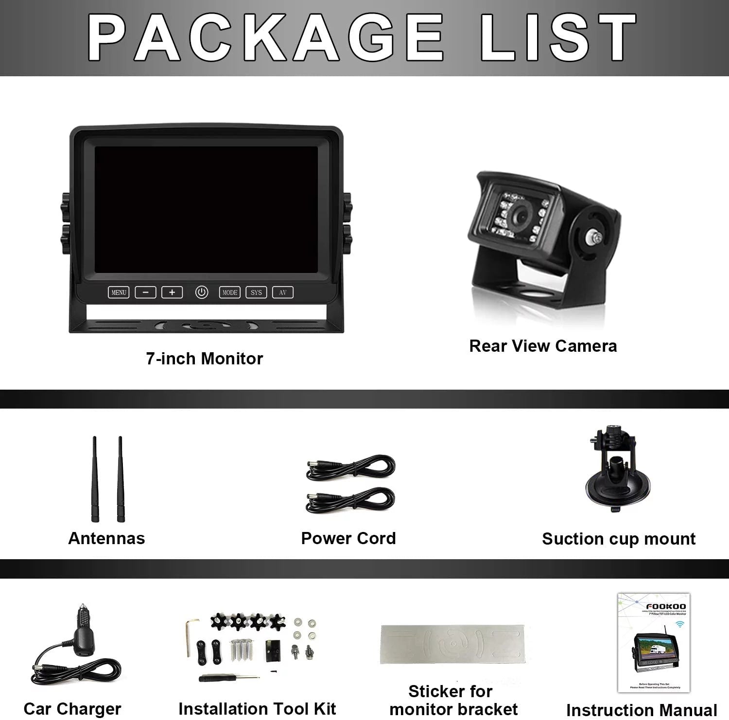 Fookoo HD 1080P 7" Wireless Backup Camera, 7-inch Dual/Quad Split Screen Monitor w/ Recording Touch Button, Supports 4 Cameras, IP69 Waterproof Rear View Cam Parking Lines for RV/Trailer/Truck (DW701)