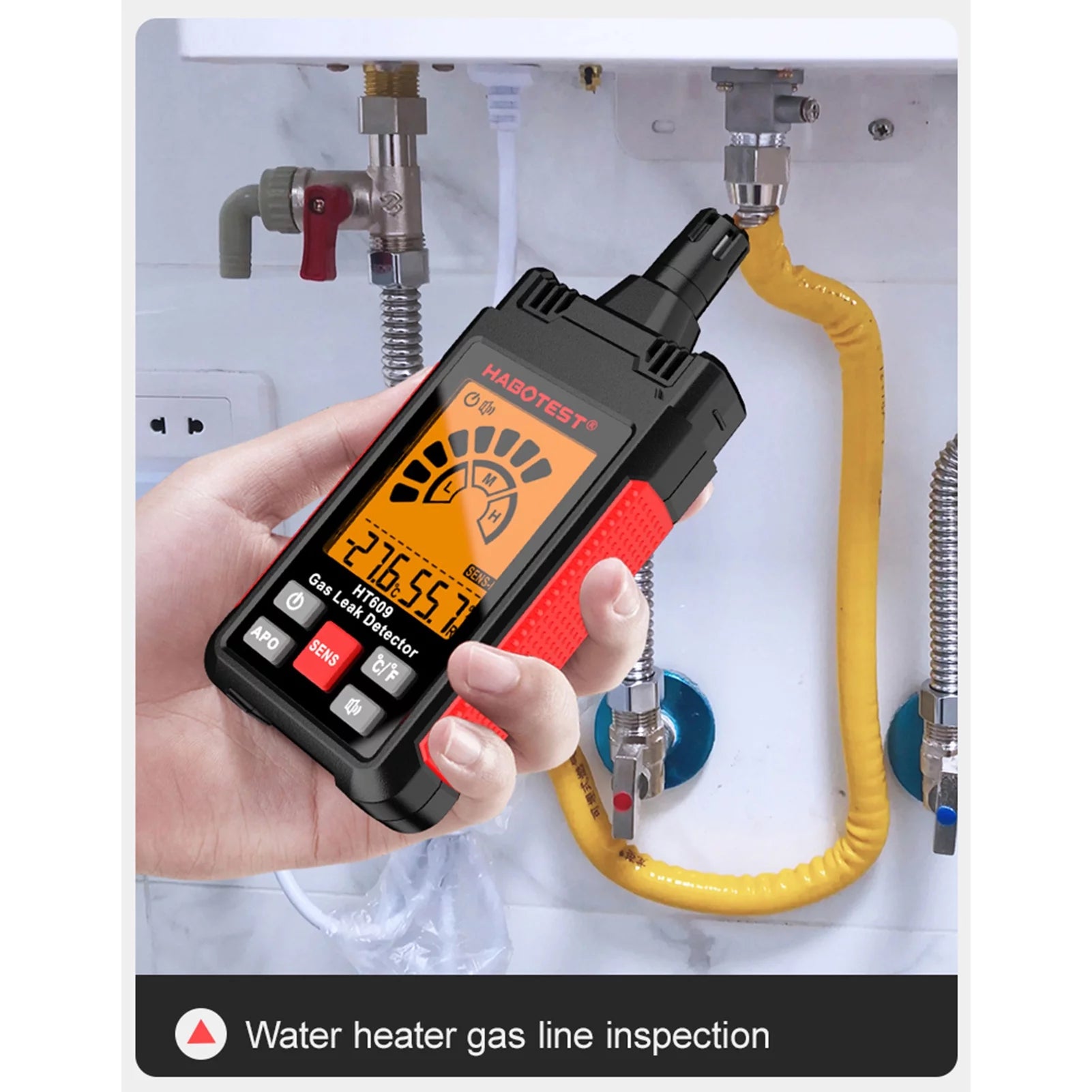 HABOTEST HT609 Gas Leak Detector Combustible Gas Detector with LCD Display Audible and Visual Alarm Ambient Temperature and Humidity Methane Natural Gas Hydrogen Detector