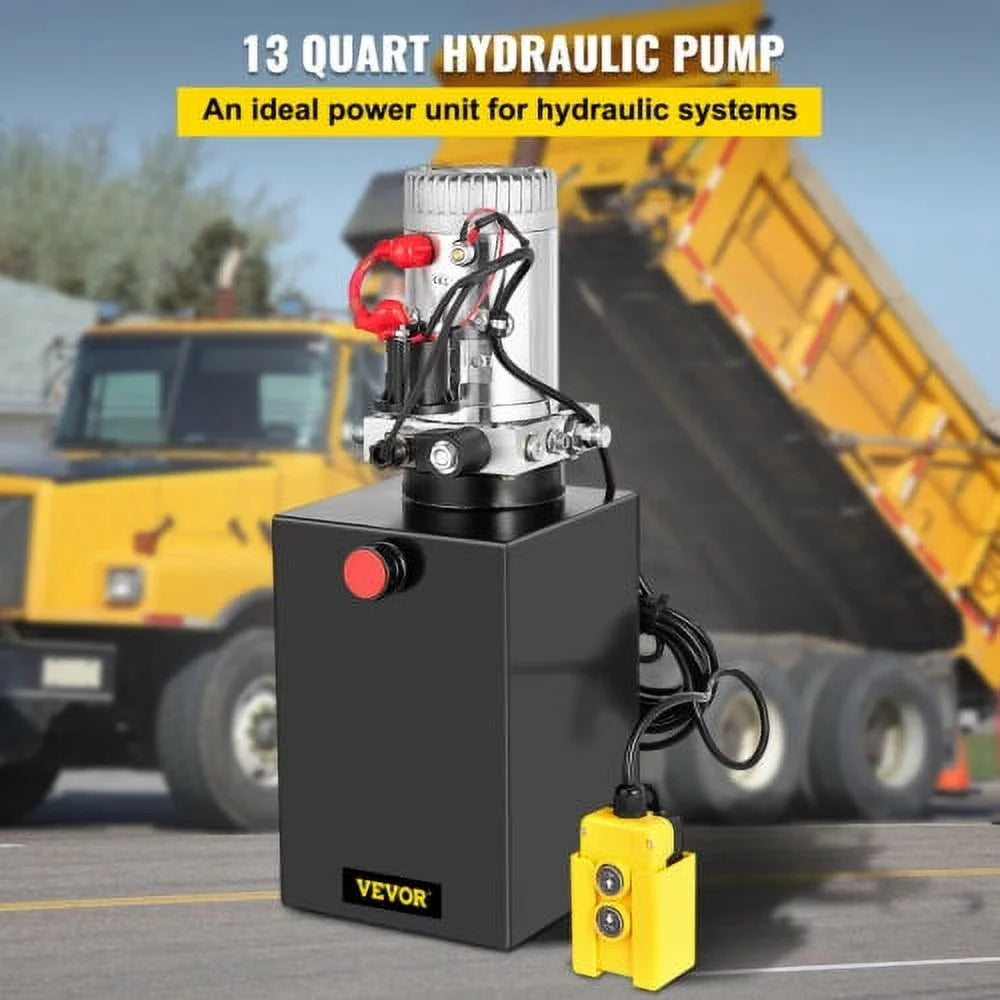 VEVOR Hydraulic Pump 13 Quart Dump Trailer Single Acting Power Unit 12V,with Control Remote 3200PSI Metal Reservoir 12 Volt Black