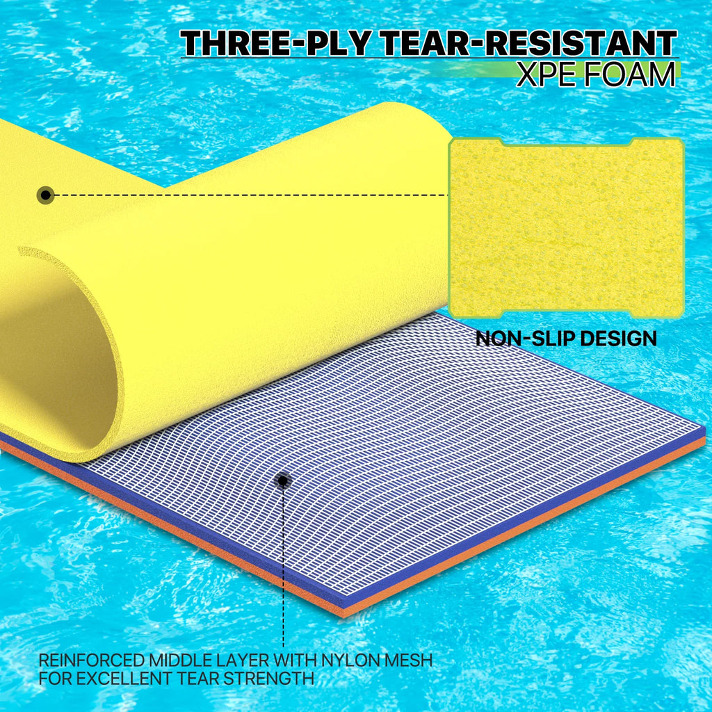 Magshion 9' x 3' Water Floating Mat, 3-Layer Tear-Resistant XPE Foam Water Floating Pad Lily Pad for Pool Lake River Ocean Outdoor Water Activities, Yellow
