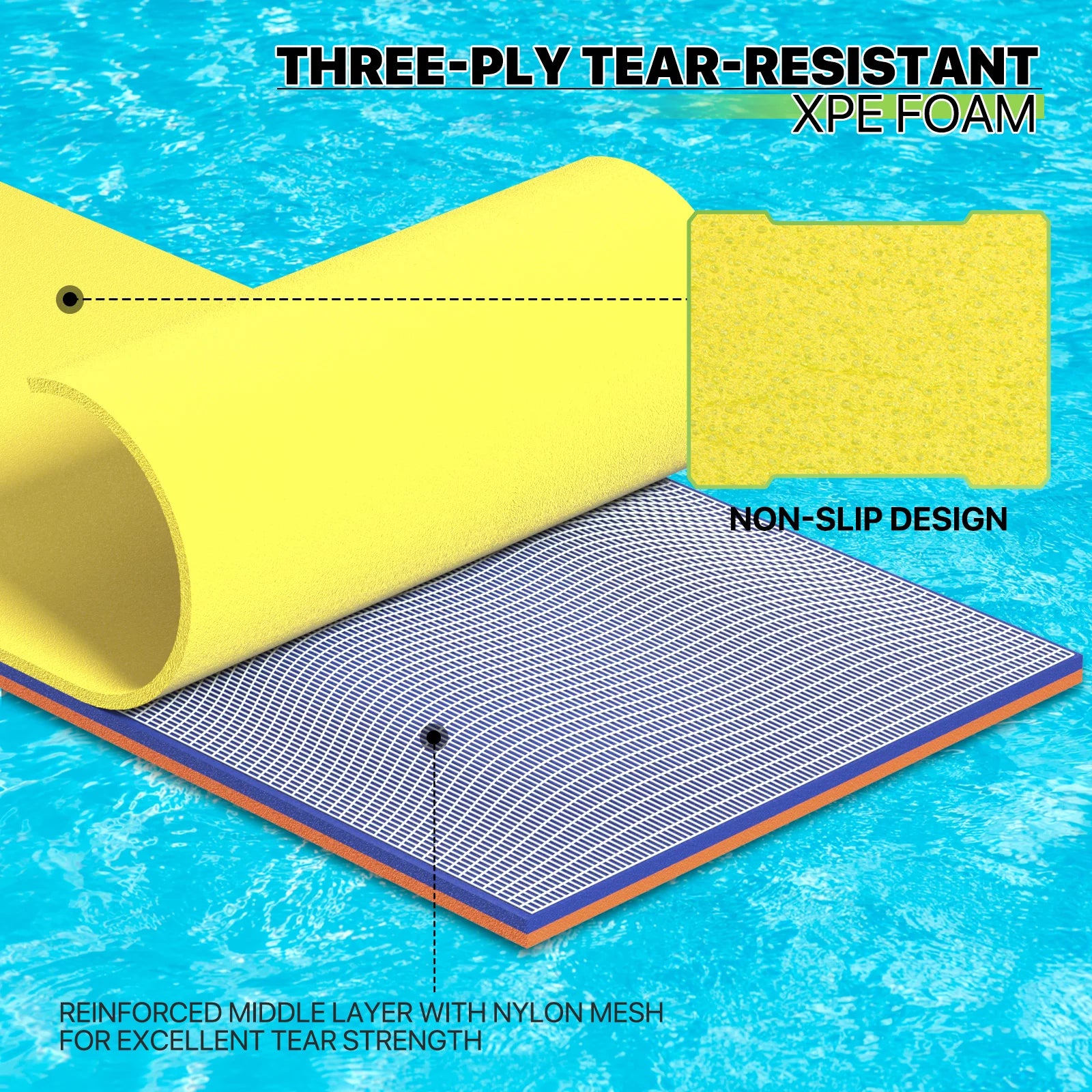 Magshion 9' x 3' Water Floating Mat, 3-Layer Tear-Resistant XPE Foam Water Floating Pad Lily Pad for Pool Lake River Ocean Outdoor Water Activities, Yellow