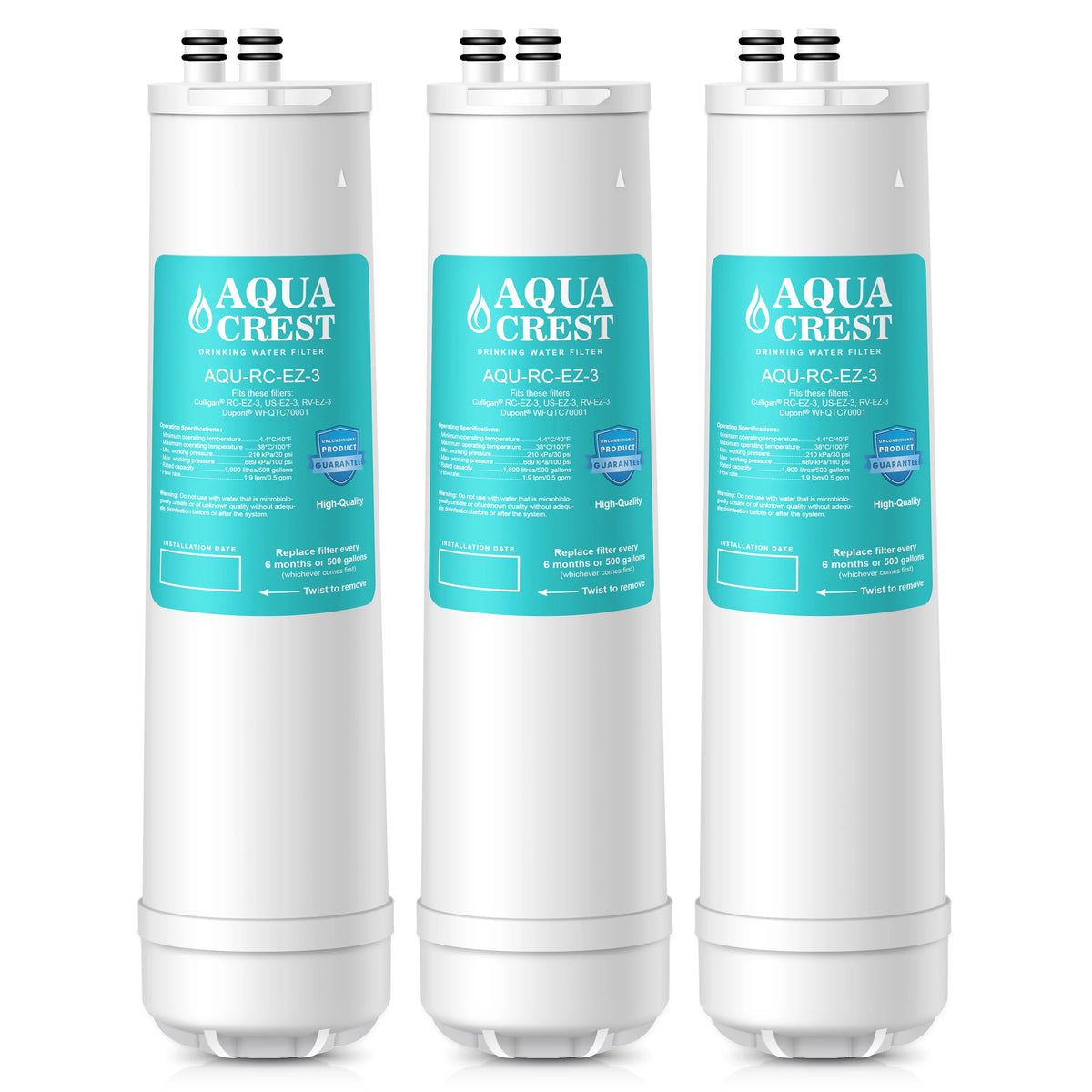 3 Pack AQUACREST RC-EZ-3 Replacement for Culligan RC-EZ-3, US-EZ-3, RV-EZ-3 Under-sink Water Filter, 500 Gallons