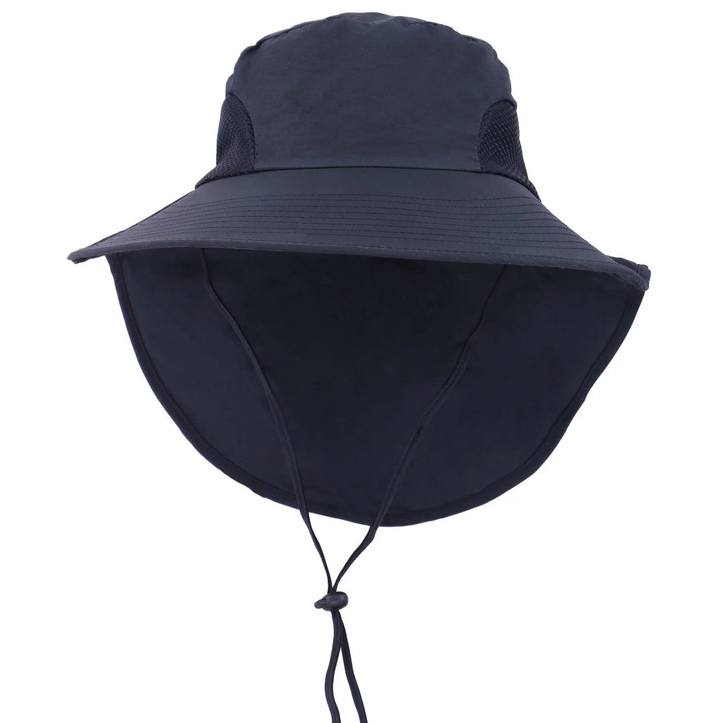Womens Foldable Flap Cover UPF 51+ UV Protective Wide Brim Bucket Sun Hat Black