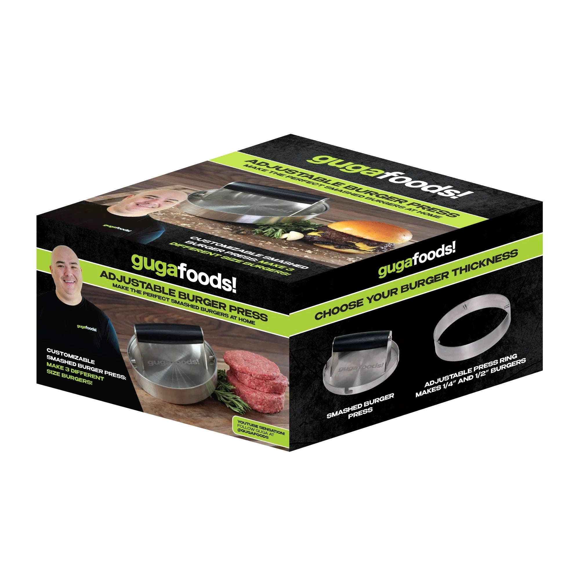 Guga Foods Adjustable Smashed Burger Press Kit, Hamburger Patty Maker, Corrosion-free Metal