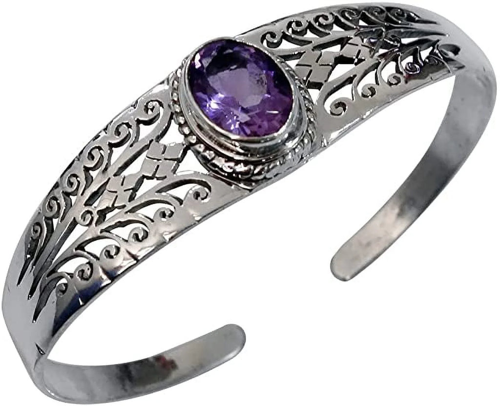Genuine Purple Amethyst Gemstone Handmade Cuff Bracelet for Men Women, Genuine 925 Sterling Silver Fashion Bracelets, Adjustable Designer Jewelry for Gifts