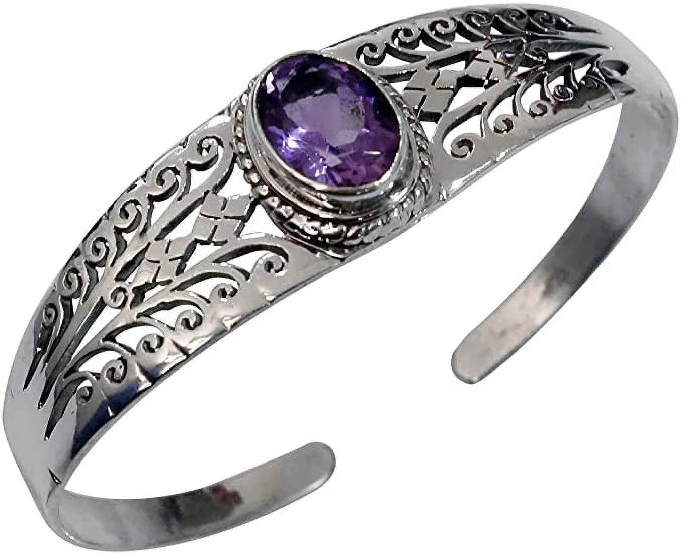 Genuine Purple Amethyst Gemstone Handmade Cuff Bracelet for Men Women, Genuine 925 Sterling Silver Fashion Bracelets, Adjustable Designer Jewelry for Gifts