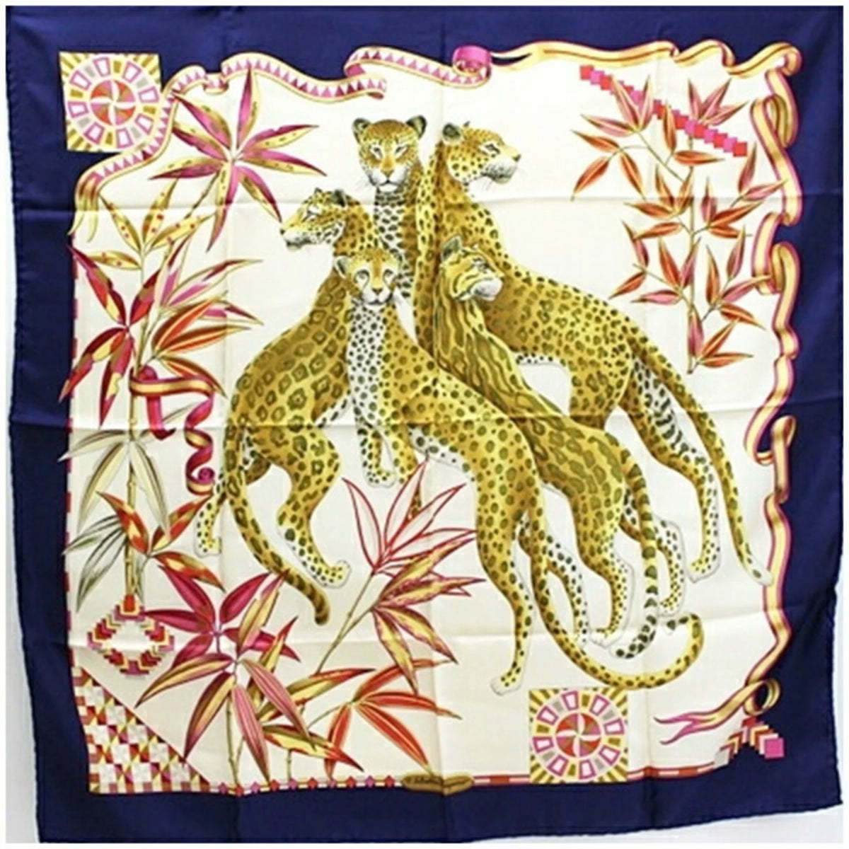 Secondhand Salvatore Ferragamo Silk Scarf Muffler Navy x Multicolor Leopard Print For Her (Good)