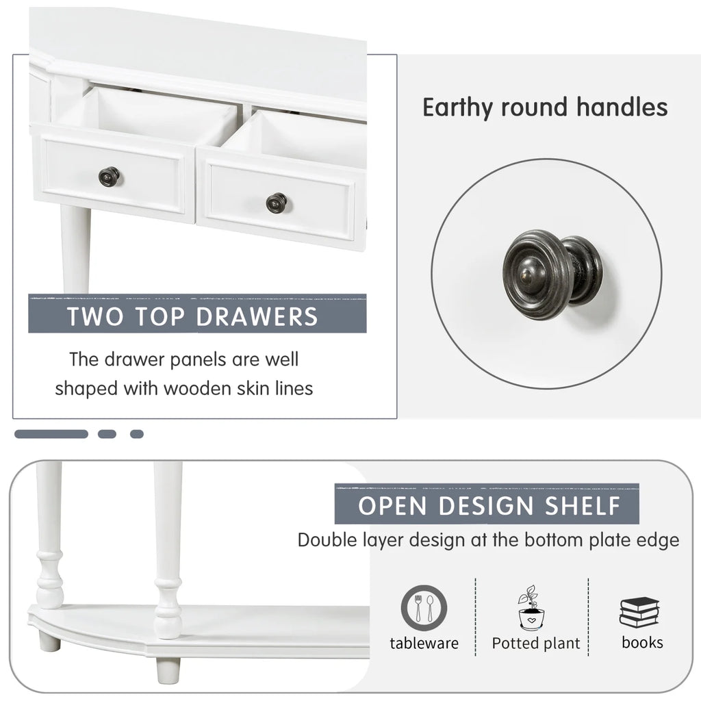 TREXM Retro Circular Curved Design Console Table with Open Style Shelf Solid Wooden Frame and Legs Two Top Drawers (White  OLD SKU  WF298768AAK)