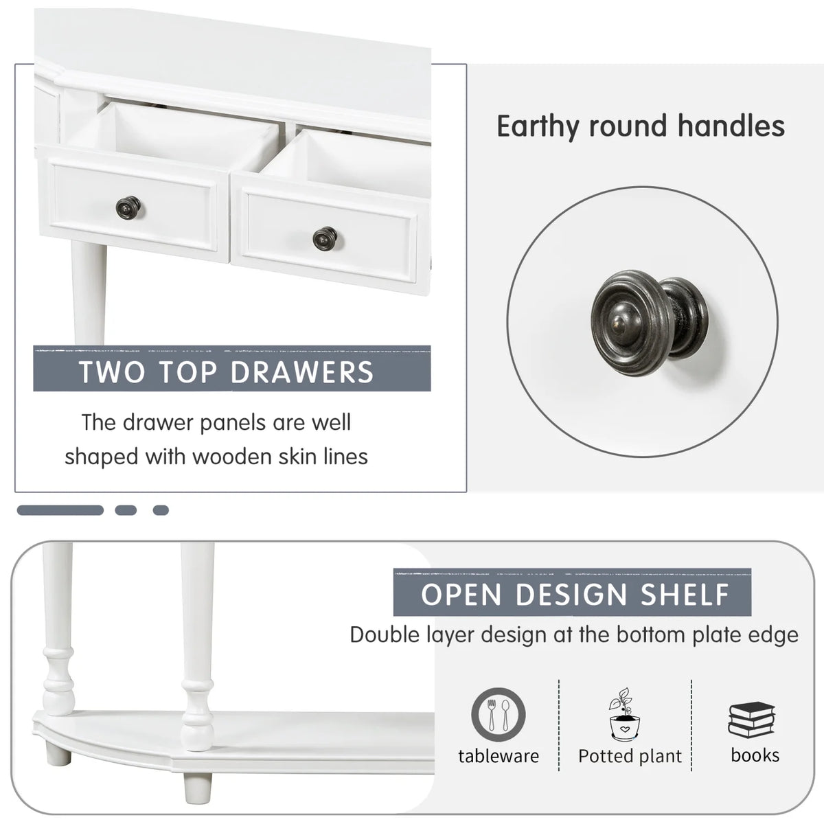 TREXM Retro Circular Curved Design Console Table with Open Style Shelf Solid Wooden Frame and Legs Two Top Drawers (White  OLD SKU  WF298768AAK)