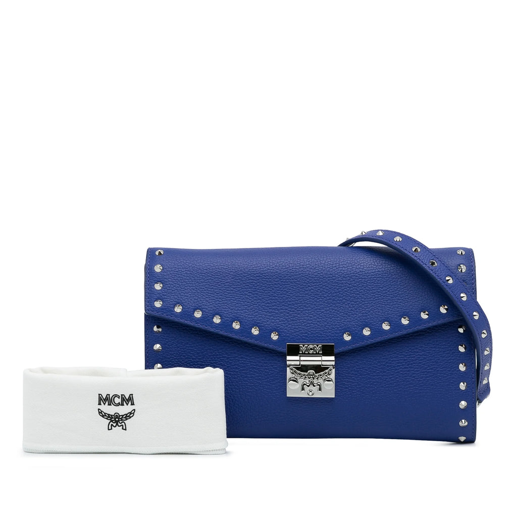Previously Owned Authenticated MCM Studded Patricia Wallet on Chain Calf Leather Blue Crossbody Bag Unisex (Good)