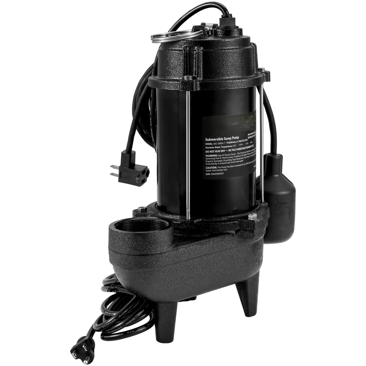 BENTISM Sewage Pump, 3/4 HP 5880 GPH 1050W, Submersible Cast Iron Ejector, with 2" Discharge and 10 ft Piggy-back Automatic Tether Float Switch, for Septic Tank, Basement, Residential Sewer Effluent