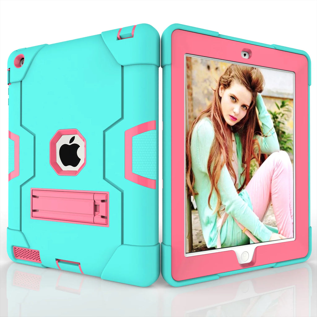 iPad 2 Case,iPad 3 Case,iPad 4 Case, Allytech Three Layer Shockproof Armor Defender Protective Case Cover with Kickstand for iPad 2nd Gen / iPad 3rd Gen / iPad 4th Generation (Aqua/Rosegold)