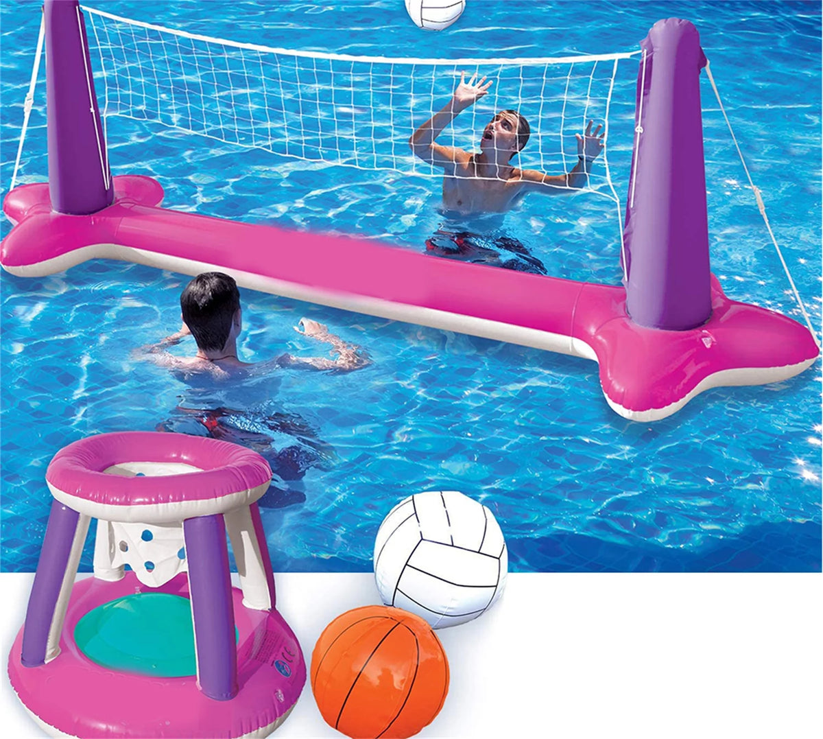 Inflatable Volleyball Net & Basketball Hoops Pink Pool Float Set