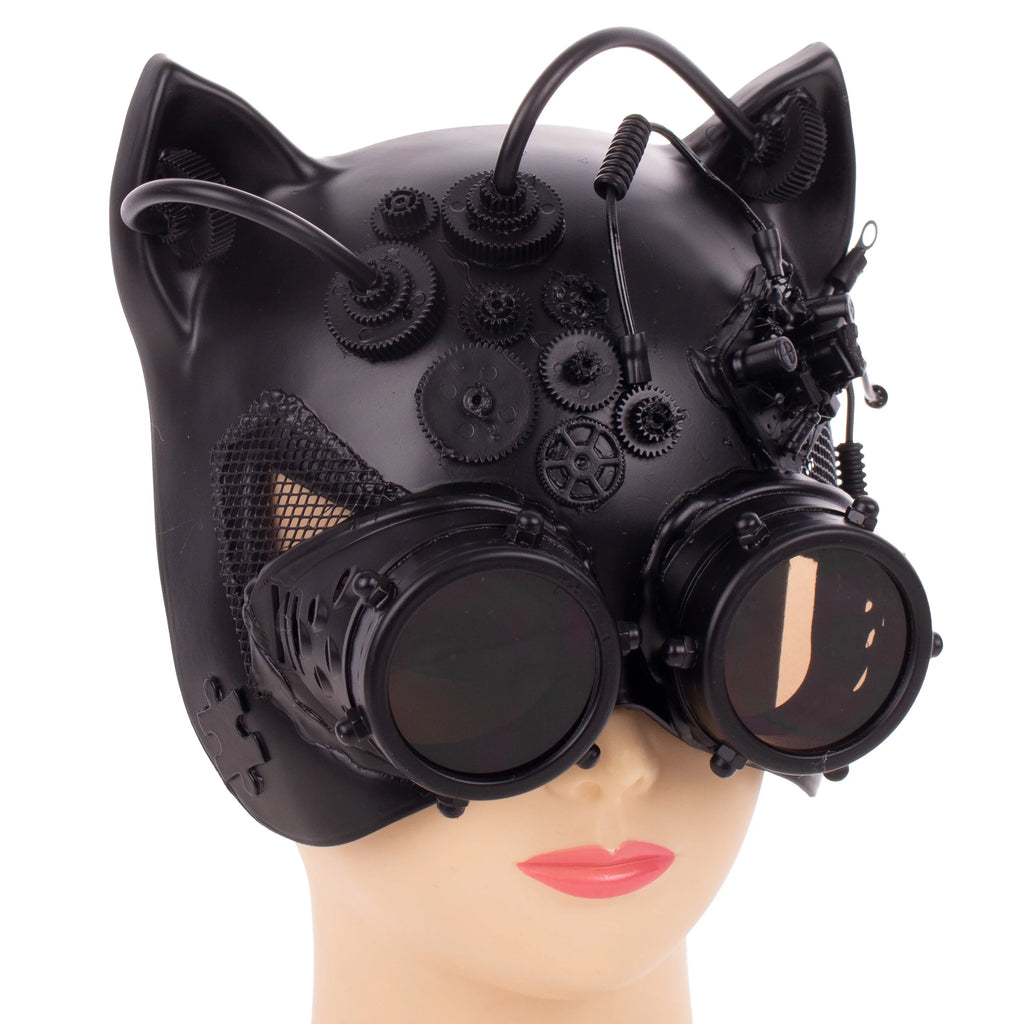 Kbw Black Steampunk Kitty Cat For Her Costume Half Mask with Goggles Masquerade