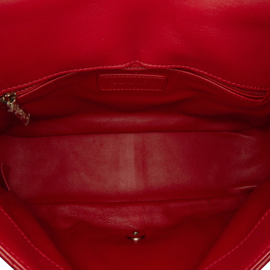 Previously Owned Authenticated Chanel Small Easy Carry Flap Bag Lambskin Leather Red Satchel Unisex (Good)