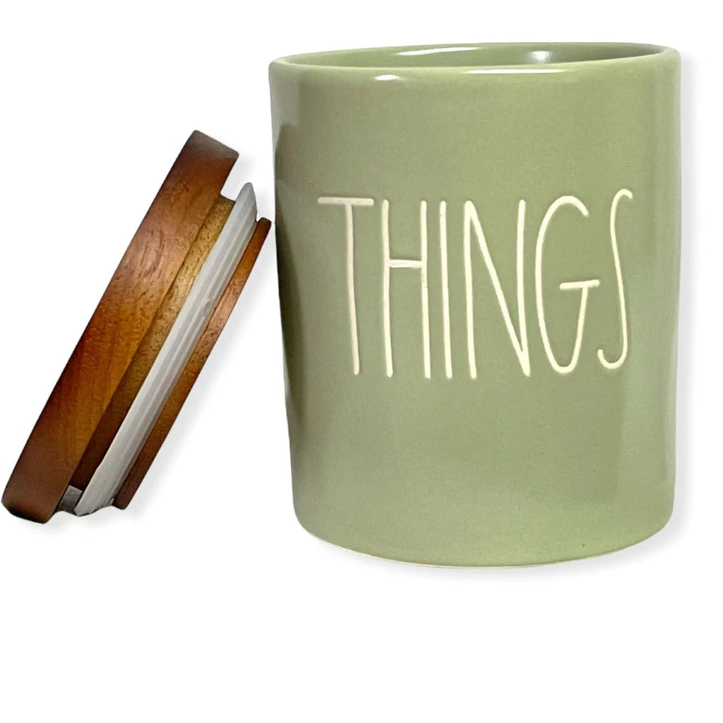 Rae Dunn By Magenta THINGS LL Font Canister Small Round Container Light Green